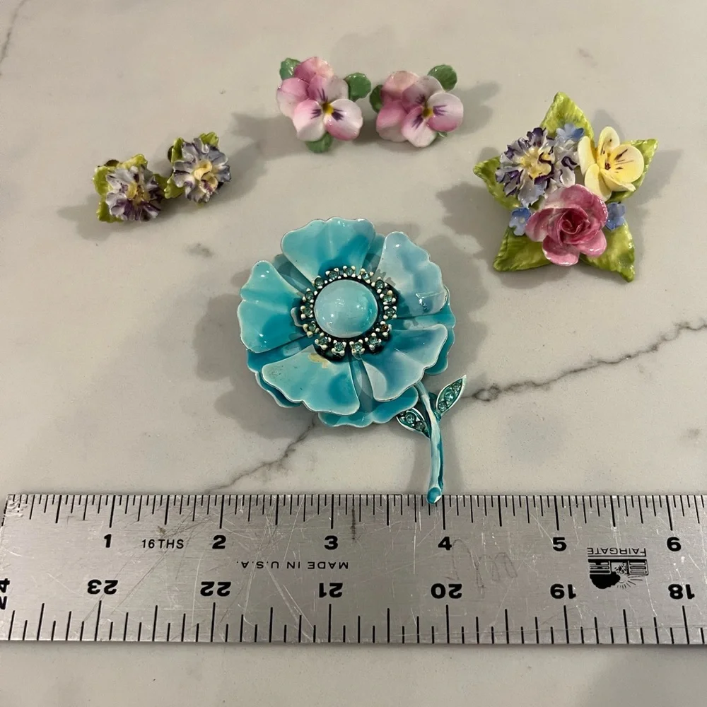 Royal Adderley Floral Bone China Brooch Pin And Earrings Jewelry Made in England - Picture 10 of 10